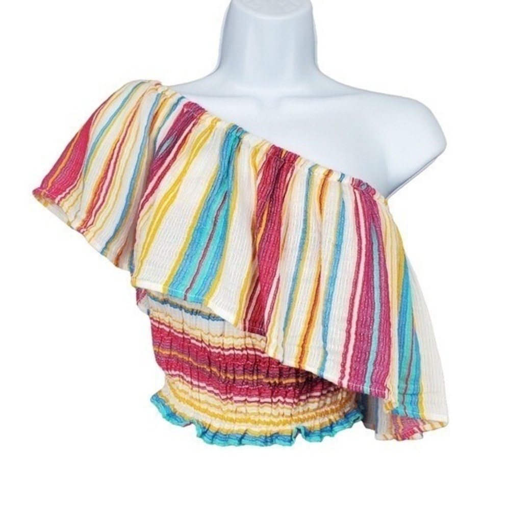 American Eagle Womens Multicolor Striped One Shoulder Smocked Crop Top Size S